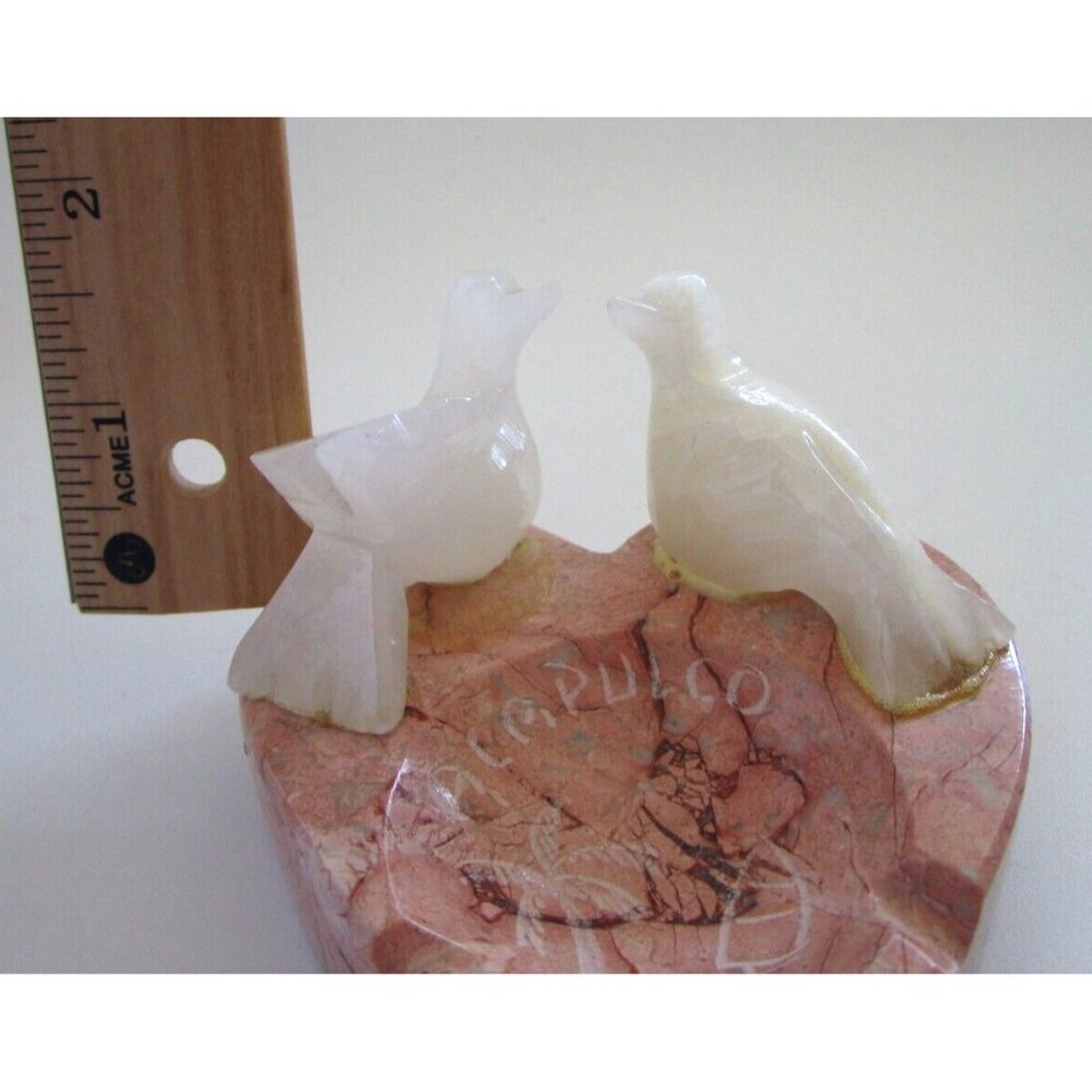 Mexican Souvenir White Alabaster Birds Pink Granite Stone Heart Ashtray Handmade - Picture 10 of 11